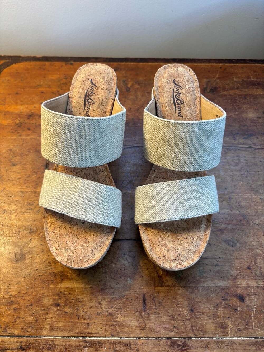 Lucky Brand “Lk-Magnolia2 Cork Wedges Sz 8M Sandals Natural Base / Linen Elastic